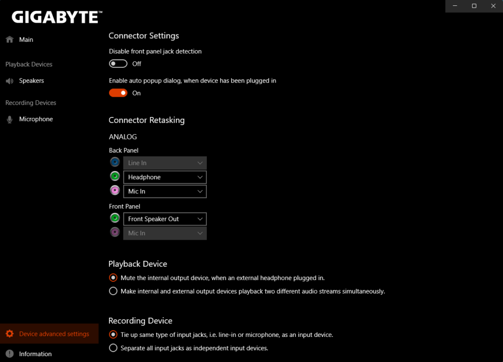 Realtek Audio Console, Device Advanced Settings